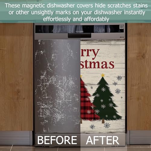 Image of Christmas Trees Dishwasher Magnets Decorative Cover,Rustic Wood Board Waterproof Magnetic Dishwasher Cover Panel,Refrigerator Magnet Cover for Kitchen Home Decor 23x26 Inch