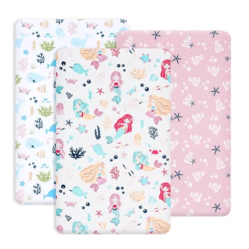 Image of PHF 3 Pack Soft Mini Crib Sheets, Mermaid Silky Pack N Play Sheets for Baby Boys Girls, Universal Fit for Pack N Play, Playard, Portable and Mini Crib Mattresses, Mermaid