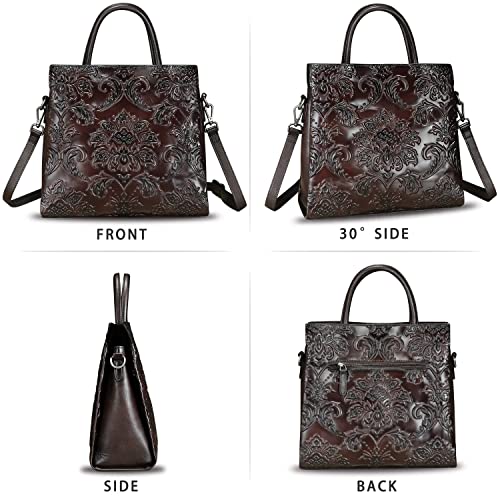 Image of Genuine Leather Satchel for Women Top Handle Handbag Handmade Embossed Vintage Satchel Crossbody Handbags Purse Bag
