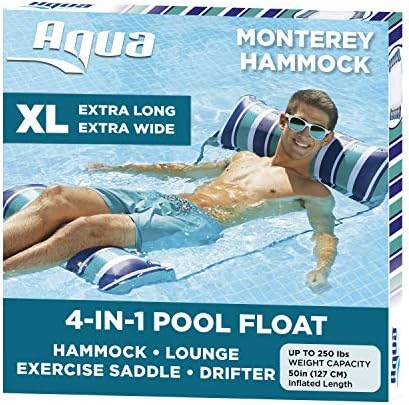 Aqua Original 4-in-1 Monterey Hammock Pool Float & Water Hammock – Multi-Purpose, Inflatable Pool Floats for Adults – Patented Thick, Non-Stick PVC Material – Teal/Navy Stripe