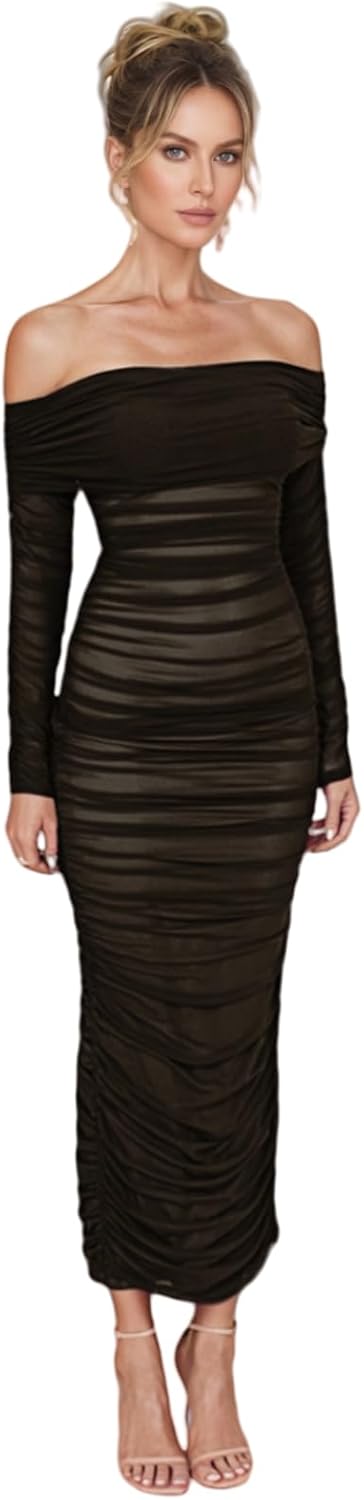 JUMISEE Women's Sheer Mesh Long Sleeve Off Shoulder Maxi Dress Elegant Ruched Tulle Bodycon Formal Dress Cocktail Dresses - Image 2