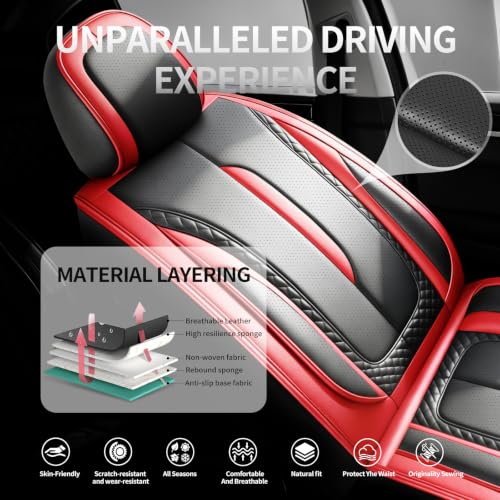 Image of Fit Outback Car Seat Covers Compatible with Subaru Outback 2010-2025 2026 - Premium Breathable Leather,Airbag Compatible,Waterproof All-Weather Seat Cushion Protector, 2 Front Seat Red&Black