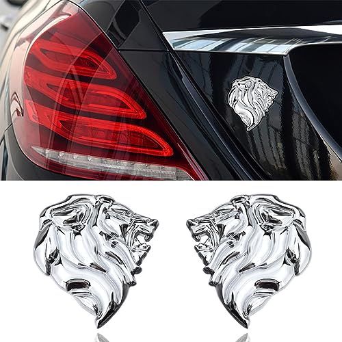 Image of 2PCS Lion Head Metal car Emblem 3D Animal Decoration Metal car Badge Rear car Tail Decoration Sticker (Silver)