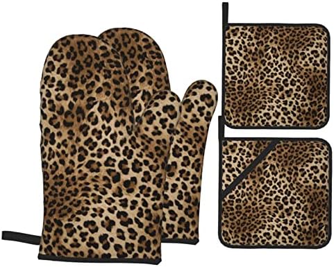 Leopard Print Oven Mitts and Pot Holders Sets of 4 High Heat Resistant Oven Mitts with Oven Gloves and Hot Pads Potholders for Kitchen Cooking BBQ Non-Slip Cooking Mitts Leopard-Brown