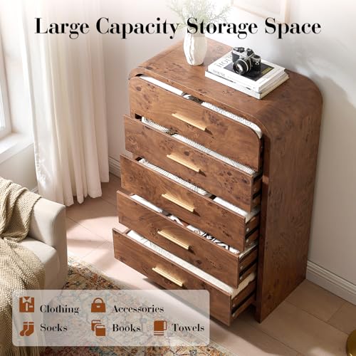 Image of Curved Drawer Dresser for Bedroom with 5 Drawers, 31'' Wide Chest of Drawer