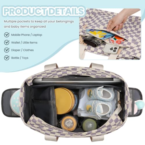 Image of Pritent Diaper Bag Tote for Working Mom, Large Travel Diaper Tote for Mom and Dad with 14 Inch Laptop Sleeve, Mommy Maternity Travel Baby Bag for Boys and Girls, Checkered Purple