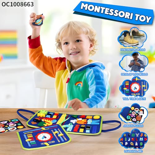 Image of Cable World Montessori Busy Board for Toddlers 2-5 Years, 25+ Learning Activities, Sensory Travel Toy, Quiet Book with Alphabet, Clock, Calendar, Jigsaw Puzzle, Fine Motor Skills & Dinosaur Theme