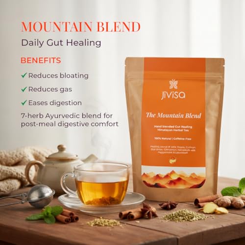 Image of JiViSa Mountain Blend Gut Health Herbal Tea for Digestion & Bloating Relief with Fennel, Ginger, Peppermint, Milk Thistle, Cinnamon, Star Anise & Liquorice | Digestive Herbal Tea | Pouch 50g