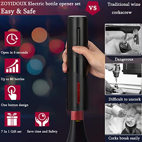 ZOYIDOUX Abridor de vino eléctrico recargable 7 en 1 Juego de regalo, Sacacorchos eléctrico con base, cortador, tapón de vacío de silicona, tapones de champán,vertedor, línea USB - imagen 3