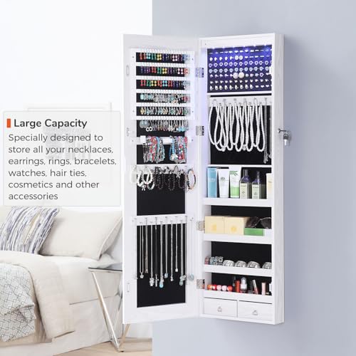 Gissar Full Length Mirror Jewelry Cabinet, 6 Leds Jewelry Armoire Wall Mounted Over The Door Hanging thumb #2