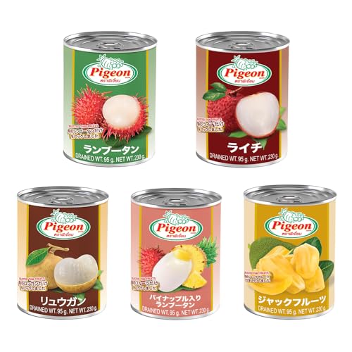 「ピジョン」タイフルーツ缶詰5種類セット 230g『ランブータン・ライチ ロンガン・ジャックフルーツ・パイナップル入りランブータン』5点