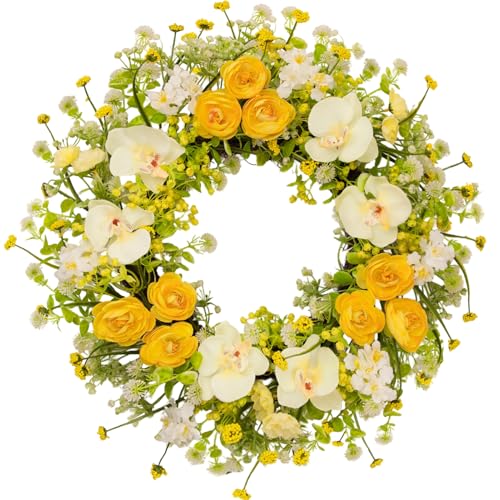 wwmira 24 Inch Spring Yellow Floral Wreath for Front Door, Artificial Camellia & Orchid Wreath with Eucalyptus Greenery, Farmhouse Door Decor for Spring Summer Wedding Wall Window