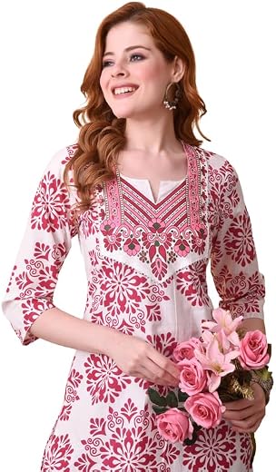 Daevish Cotton Floral Printed Yoke Casual Calf Length Kurti for Women | Women Straight Kurta