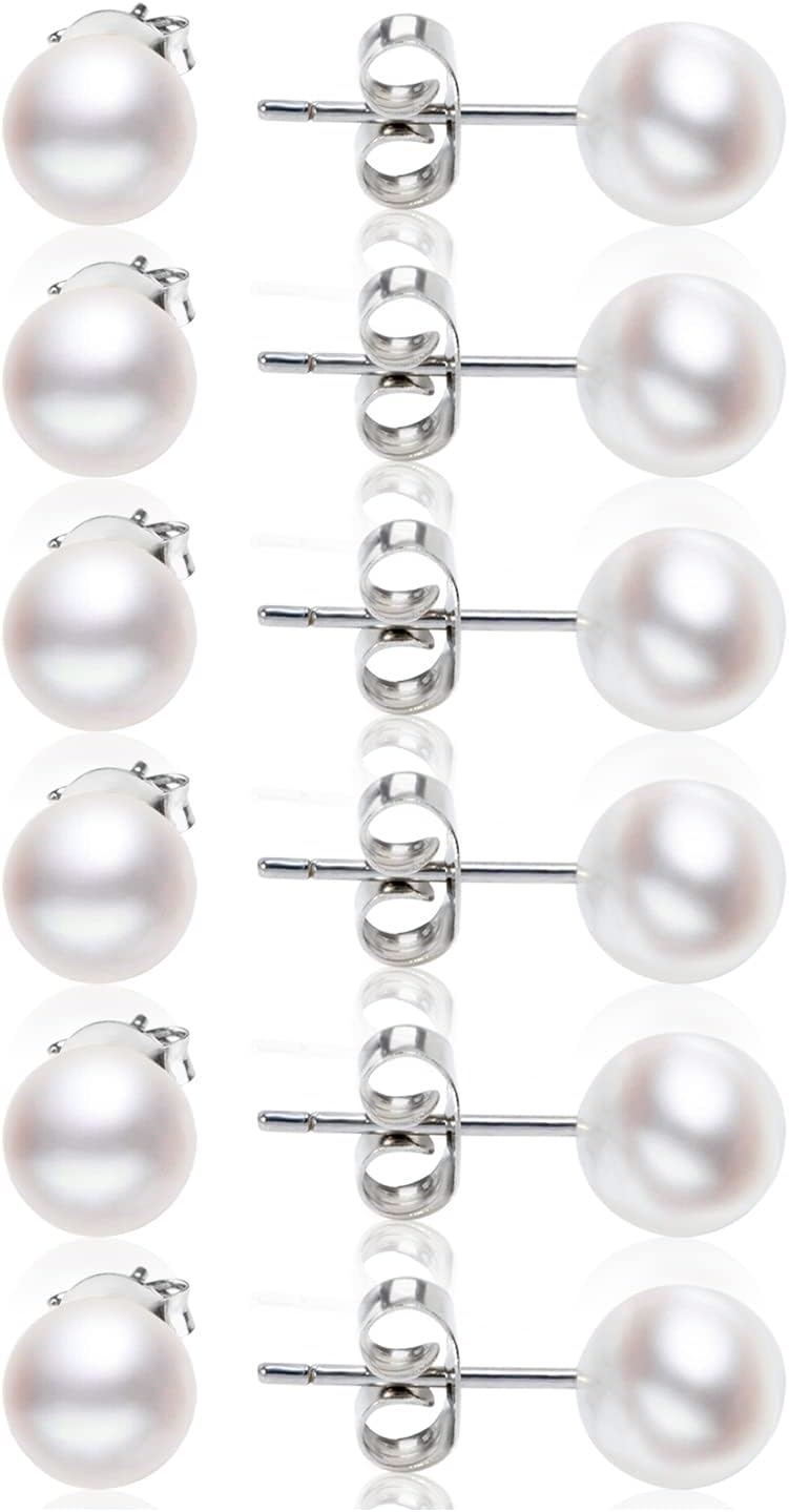 Dainty Pearl Earrings for Women: Hypoallergenic 6 Pairs Pearl Stud Earrings Set AAA+ Quality Freshwater Cultured Pearls Earrings Tiny Small and Big Ball Pearls Earrings for Women (3-8MM)