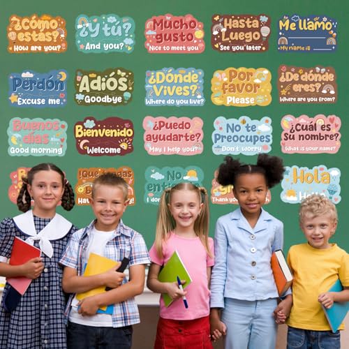 Wxiben Cartazes de decoração de sala de aula de espanhol - Conjunto de pôsteres em espanhol com 20 f