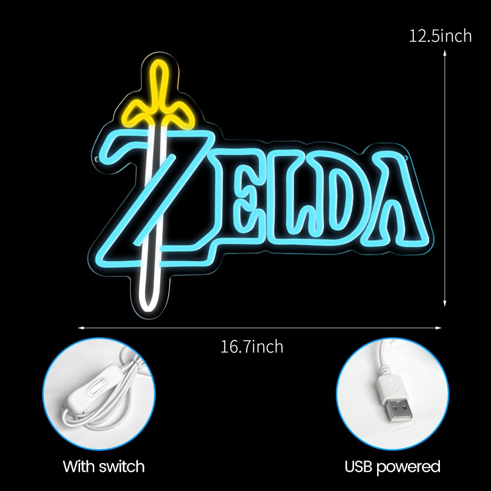 Insegna Al Neon LED Zelda - Luce Decorativa Blu Per Camera Da Letto - Cartello Fai Da Te 42x31 Cm Con Cavo USB - Regalo Originale Per Gamers - 5