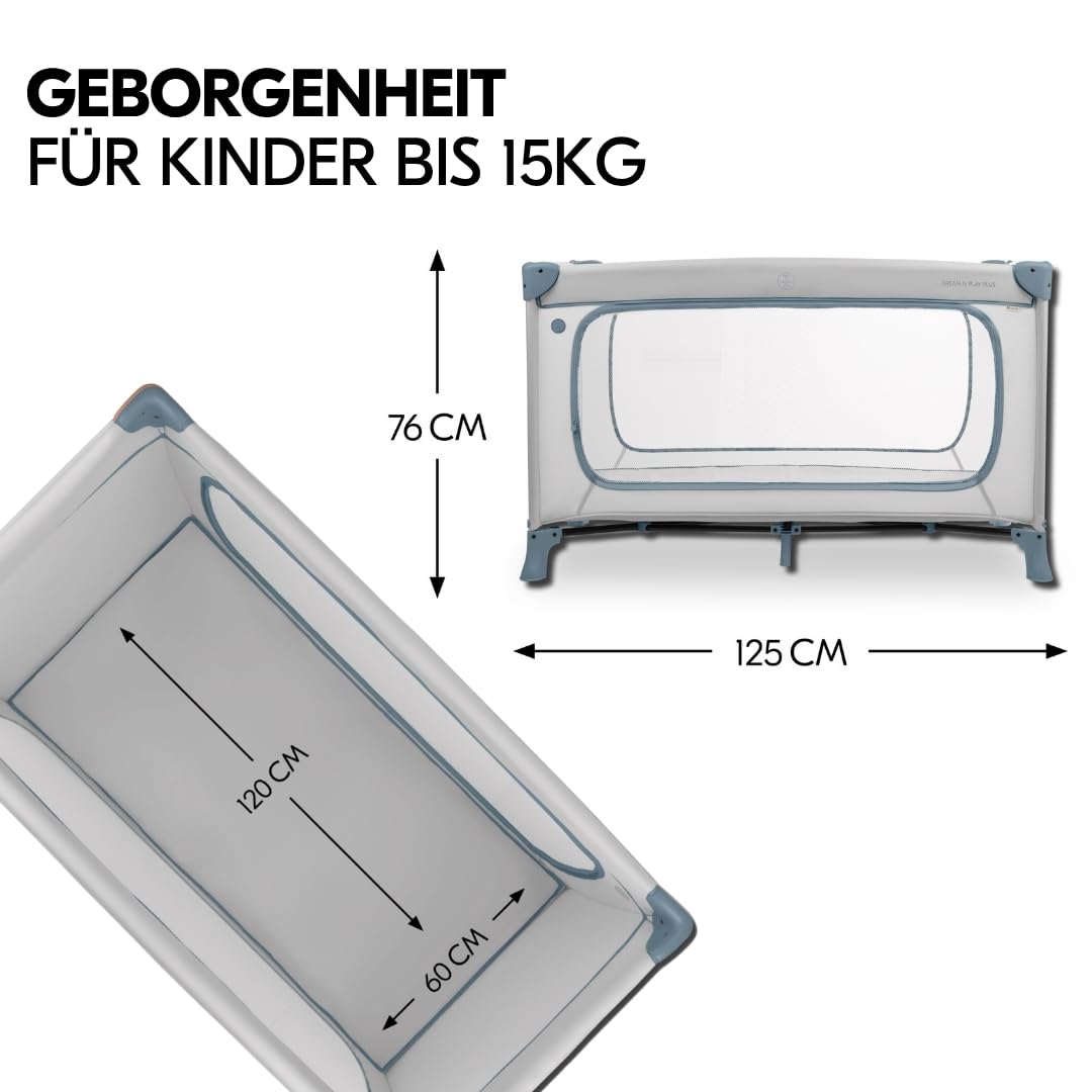 Hauck Baby Reisebett Set Dream n Play Plus inkl. Matratze & Insektenschutz – faltbares Kinder Reisebett mit großem Seiteneingang, Dusty Blue