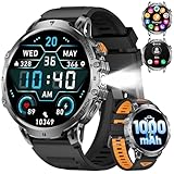 Smartwatch Herren Militär-1.85'' HD Große Display, Wasserdicht Fitness tracker mit Telefonfunktion/1000mAh Akku, 100+ Sportmodi, Herzfrequenz, Schlafmonitor, LED Taschenlampe für Android iOS,Schwarz