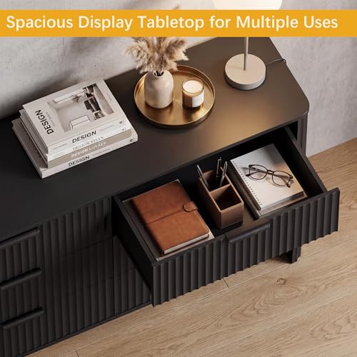 Image of Wodeer 6 Drawer Black Dresser for Bedroom, 47 inchW Wood Storage Cabinet with Fluted Design, Modern Chest of Drawers & TV Stand for Living Room, Nursery Clothing Organizer with Metal Slides, Anti-Tipping