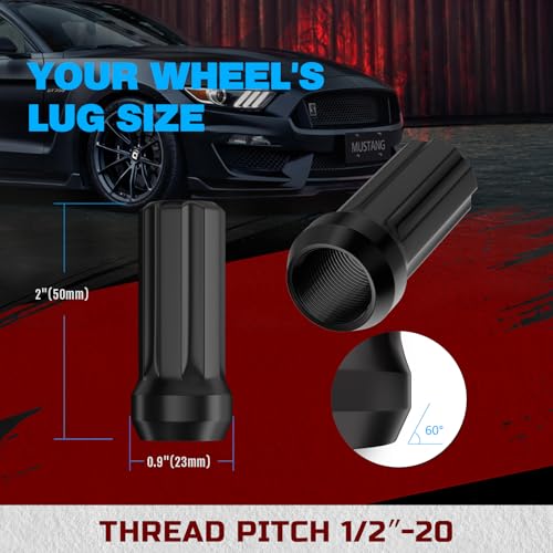 Image of 20PCS 1 /2x20 Lug Nuts Black with 7 Spline Tuner, 1 /2 inch-20 Locking Lugnuts 2 inch Length with 1 Socket Key, 60 Degree Conical /Cone Bulge Seat Closed End