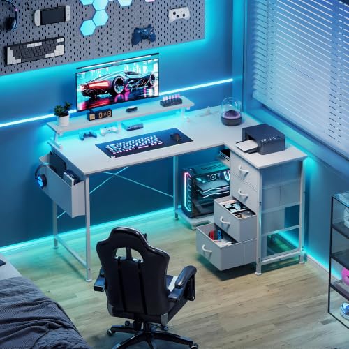 Image of VERMESS 47 inch Reversible L Shaped Gaming Computer Desk, Corner Desk with Power Outlets & Monitor Stand, Writing Study Table with 4 Storage Drawers, Desk with LED Lights, White