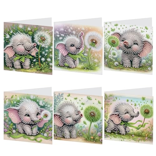 Image of AiYuanzsh 6 Pack Diamond Art Greeting Card Kits with Envelopes, Special Shaped Diamond Painting Cards, DIY Rhinestone Diamond Art Cards for Birthday Christmas Holiday (Elephant and Dandelion)