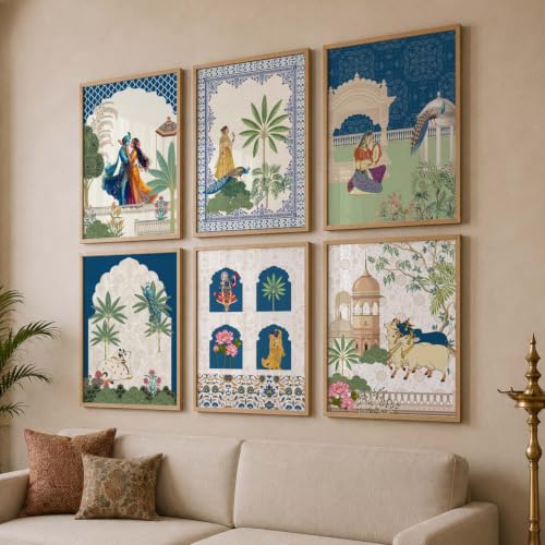 Image of kotart Framed Wall Painting for Home Room Bedroom Office Wall Decor|Traditional Indian Wall Art Madhubani Paintings for Living Room|set of 6 (C, 10x13 inch)