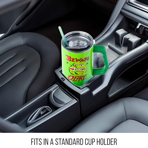 Image of Silver Buffalo Shrek Beware Ogre Double Walled Stainless Steel Tumbler with Handle and Straw, Fits in Standard Cup Holder, 40 Ounces