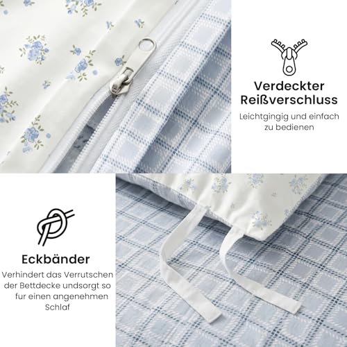Freyamy Bettwäsche 155x220cm 2teilig Weiß Hellblau Blumen Bettwäsche-Set – Ansicht 5