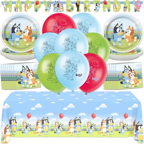 Bluey Birthday Decorations and Party Supplies | Serves 16 Guests | Complete Bluey Party Decorations Set | Banner Tablecloth Balloons Dessert Plates and Napkins Sticker | Officially Licensed