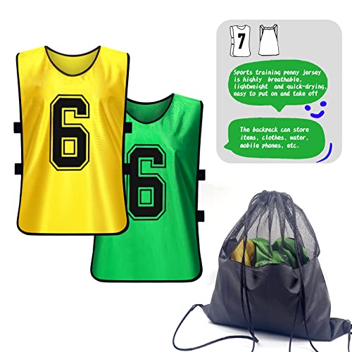 PULUOMASI Sports Pinnies-Numbered Practice Vest Pennies for Soccer Basketball Jersey Bibs -Set of 12/Youth Adults Team Green Yellow XL