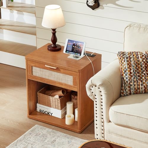 Image of LEYAOYAO Rattan Nightstand with Charging Station, Tea Brown Night Stand with Drawer, 23 inch Wide Boho Bedside Table with Storage Shelf, Bed Side End Tables for Bedroom, Living Room, Hallway