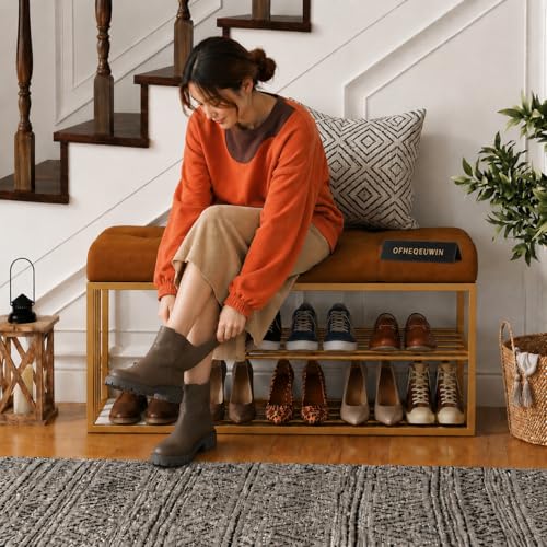 Image of Entryway Shoe Rack with Cushioned Seat, Shoe Bench for Entry, 2 Shelves Storage Bed Bench Brown