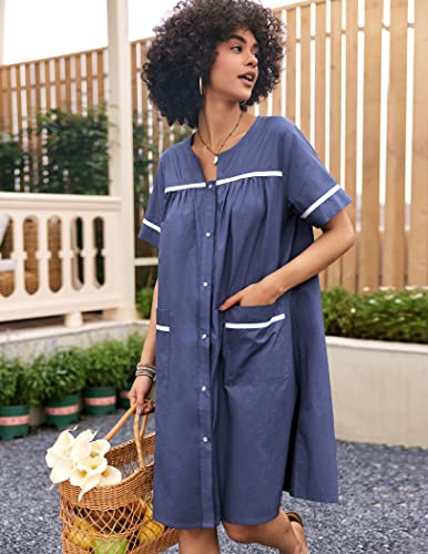 Ekouaer Womens Sleepwear Snap Front Cotton Nightgown Short Sleeve House Dress S-Xxl (Navy,Xl) #TOP25
