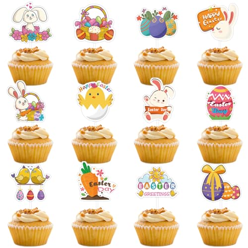 VARACL Lot de 24 décorations de cupcakes de Pâques, décorations de gâteau pour fête de Pâques, œufs et lapins, fournitures de décoration pour fête d'anniversaire