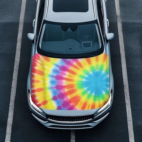 Image of Tie Dye Spiral Car Hood Covers for Automobiles, Rainbow Gradient Tie-Dye 3X5FT Stretchable Polyester Suitable for Most Vehicles Sedans Trucks, Car Bonnet Banner