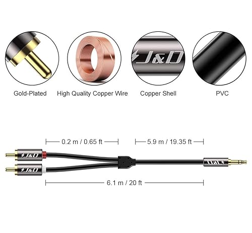 J&D Rca Audio Cable, 3.5Mm Male To 2 Rca Phono Male Stereo Audio Adapter Aux Cable Gold-Plated Copper Shell Heavy Duty, 3.5Mm To 2-Male Rca Adapter Audio Stereo Cable - 20 Feet #TOP1