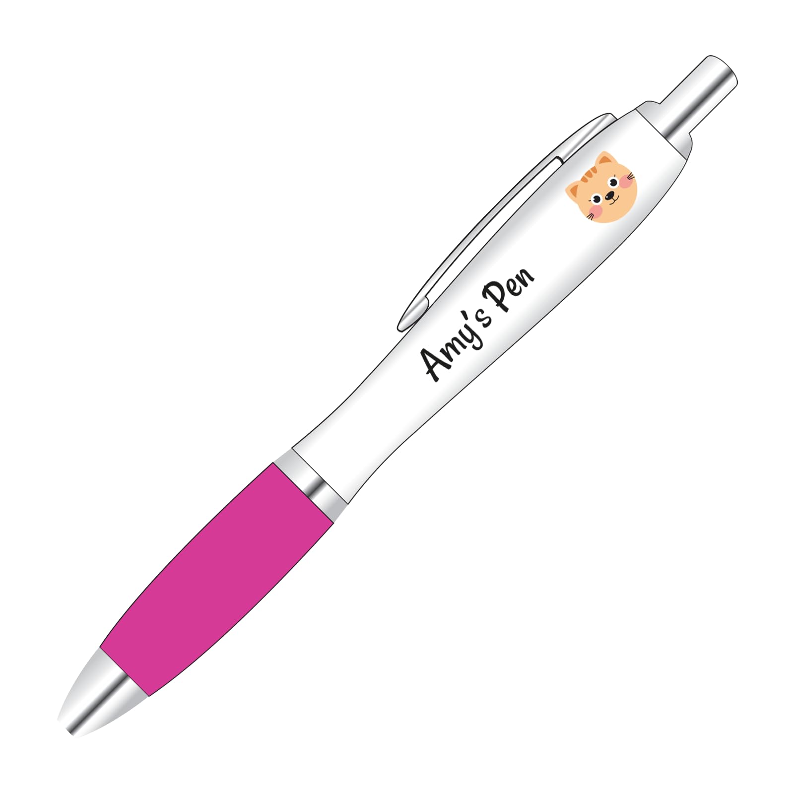 Personalised full colour printed cat design pen with custom name or short message and a pink coloured grip.