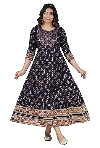 Image of Women's Rayon Embroidered Anarkali Kurti | Elegant Blue & Pink Long Kurti for Women | Premium Ethnic Wear for Diwali & Wedding | Stylish Comfortable Festive Outfit in Floral Design