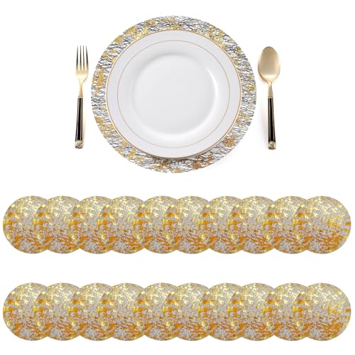 Baoswi 20 manteles individuales desechables negros y dorados, manteles individuales redondos de 33 cm de diámetro, malla prensada de lámina dorada, tapetes dorados para mesa de comedor, boda, fiesta