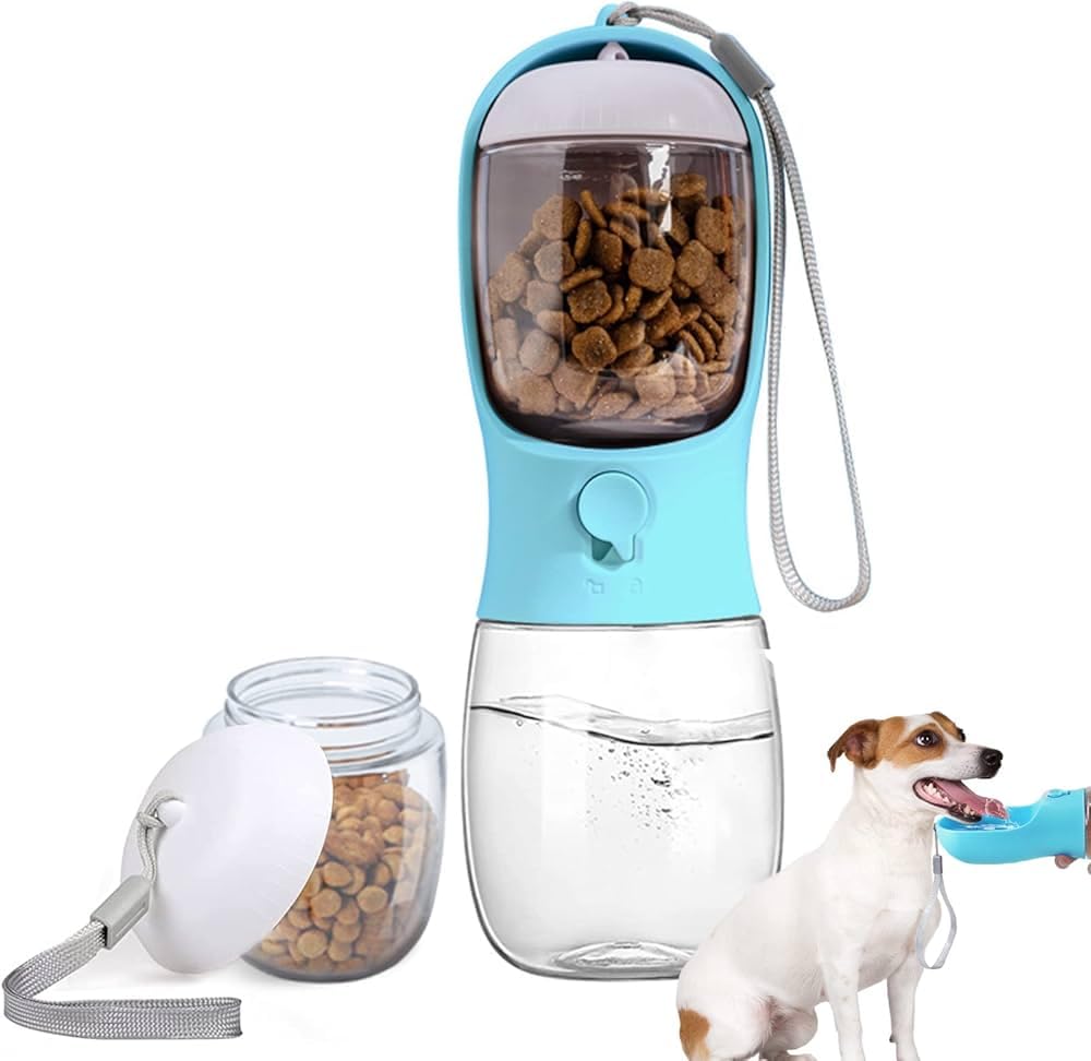 ECO PET SUPPLYS, Dog Water Bottle with Food Container, Travel Puppy Water Bowl, Portable Pet Dispenser, Dog Stuff Accessories Items, Puppy Essentials Necessities Blue