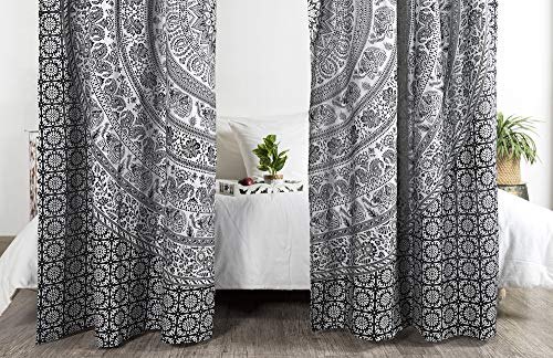 Madhu International Mandala Curtains Boho Hippie Bedroom Living Room Balcony Valance Decor Window Treatments Psychedelic Cotton Tapestry Curtain Black Silver Panel Set Of 2 - W41 X L87 Inches #TOP1