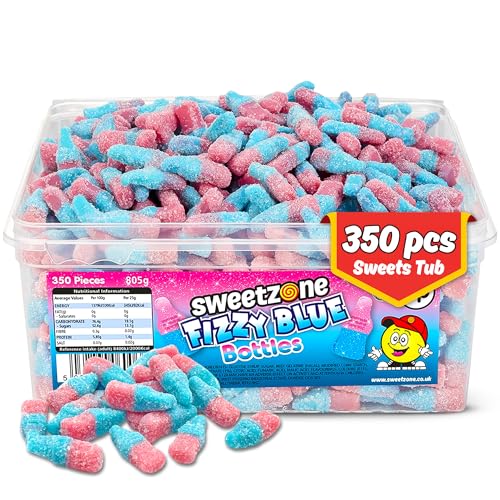 Sweetzone Small Fizzy Pink and Blue Bottles Halal Retro Sweets Bubblegum Flavoured Gummies Tub Sweet Box Old Fashioned Tubs of Sweets for Sweet Lovers Pick and Mix 805g 350 Pcs Tub