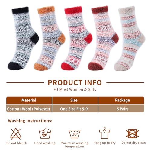 Image of ICEIVY 5 Pair Fuzzy Cozy Socks for Women - Warm Comfy Soft Casual Home Sleep Winter Wool Socks - Gifts for Women