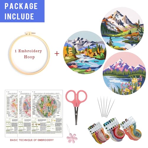 Image of EOBTAIN 3 Sets Embroidery Kit for Beginners Adults Mountain Scene Hand Stamped Embroidery Practice Kits Cross Stitch Set with Embroidery Hoop,Needles and Threads,DIY Gifts at Home Embroidery Kit