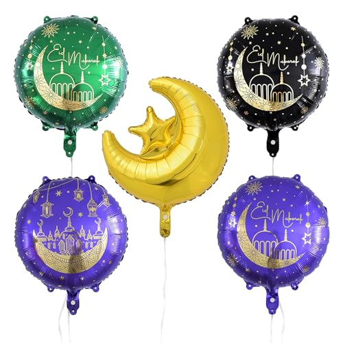 Totelux Eid Mubarak Balloons Moon Star Foil Balloons 18 Round Ramadan Aluminum Balloons for Muslim Holiday Eid Party Decorations Supplies Gold Purple Green Black
