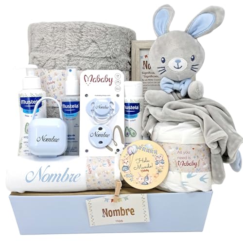 Mababyshop My Bunny - Canastilla Bebé Personalizada con Mantita, Dou Dou Conejito, Muselina Bordada, Chupete Personalizado y Set Cosmética Recién nacido (Azul/Gris)