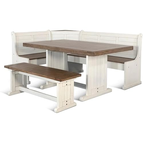 Pemberly Row Dining Set Wood, Rectangular in Off White (36" H x 75" W x 56" D) for Kitchen, Dining Room with Table, Reversable Benches, and Storage Space