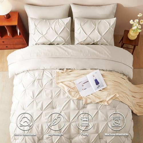 CozyLux California King Comforter Set Beige - 7 Pieces Cal King Cream Off White Bed in A Bag Gift for Family, Pinch Pleat Bedding Sets with All Season Comforter, Sheets, Pillowcases & Shams