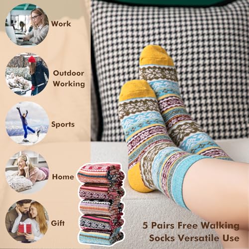 Image of Wool Socks for Women Men, Winter Warm Knit Crew Boot Socks 5 Pairs